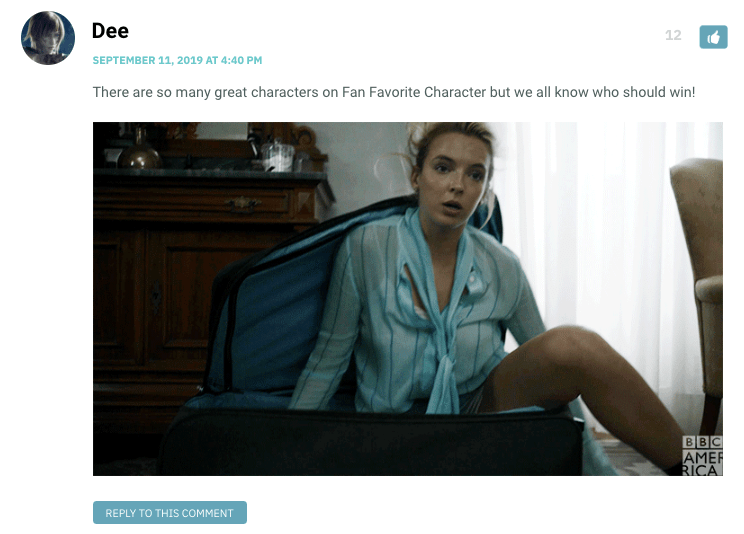 There are so many great characters on Fan Favorite Character but we all know who should win! [Gif of Villanelle climbing out of a suitcase]