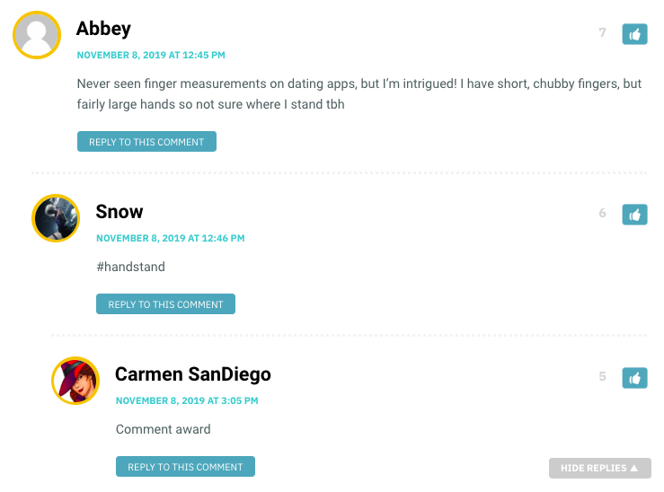 Never seen finger measurements on dating apps, but I’m intrigued! I have short, chubby fingers, but fairly large hands so not sure where I stand tbh