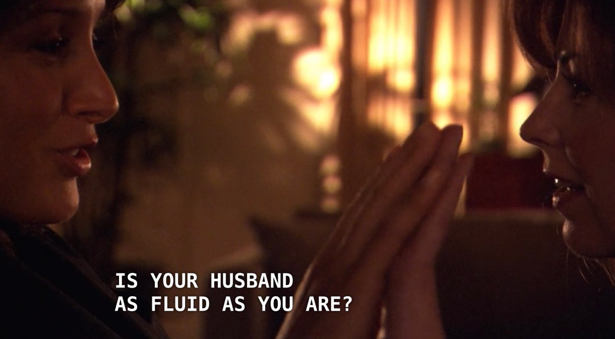 Bette sits facing Senator Grisham (who Bette met at the congressional hearing she testified at earlier that day). The room is absolutely filled with sexual tension. Senator Grisham has just asked Bette, "Is Tina as intense as you are?" Bette responds, "Is your husband as fluid as you are?"