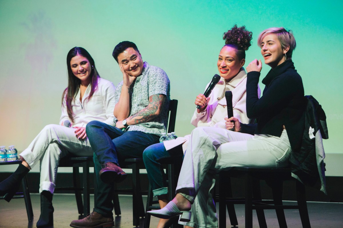 The cast of Generation Q sits on stage. From left to right: Arienne Mandi (Dani), Leo Sheng (Micah), Rosanny Zayas (Sophie) and Jacqueline Toboni (Finley).