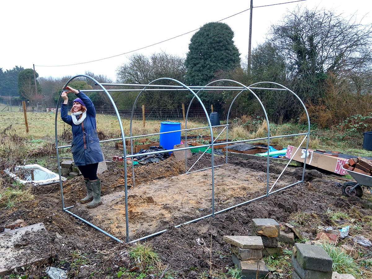 a lesbian putting a polytunnel together