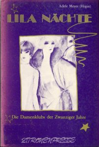 Lila Nachte Original Book Cover — Gold type, and purple background with an illustration of three fancy women wearing furs and expensive clothing