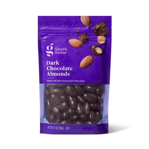 A purple bag of dark chocolate almonds.