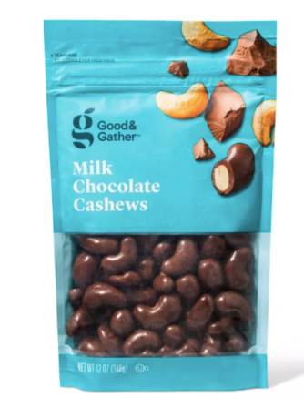 A bright blue bag of chocolate covered cashews.