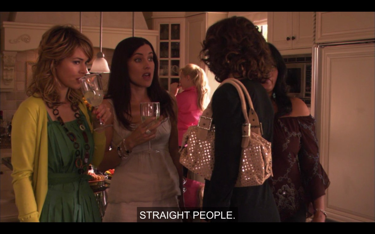 Alice, Helena, Kit, and Bette are at Tina and Henry's house party. Alice says that they're being outnumbered by straight people.