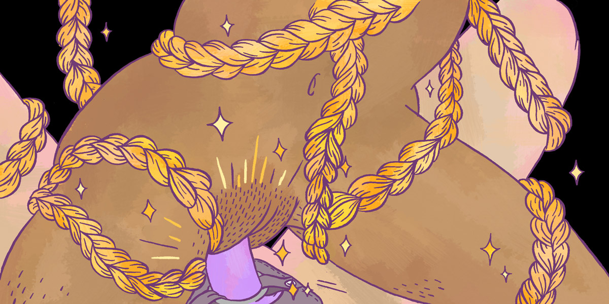 illustration of a woman riding a purple strap on, covered in sweat and wrapped in gold rope. 