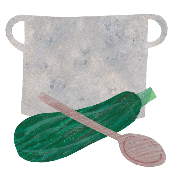 An illustration of a cooking pot with a wooden spoon and marrow