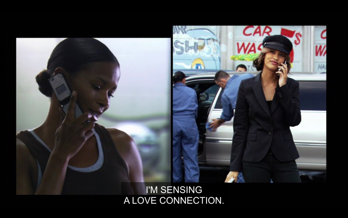 Side-by-side visual of Tasha and Papi talking on the phone to each other. Tasha is wearing a black tank top and talking into her cell phone. Papi is in all black with a black hat standing in front of a white limo. "I'm sensing a love connection."