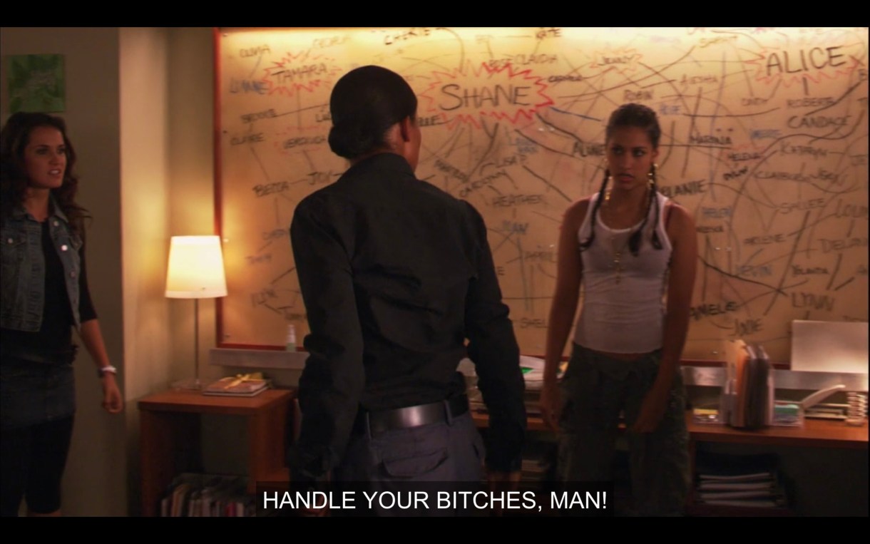 Tasha and Papi standing in front of the giant Chart in Alice's apartment. They're facing each other in a confrontational way. "Handle your bitches, man!"