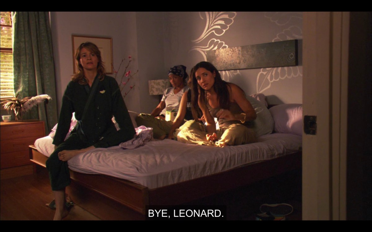 Tasha, Alice, and Helena sitting on Alice's bed. Alice calls out the door, "Bye, Leonard."