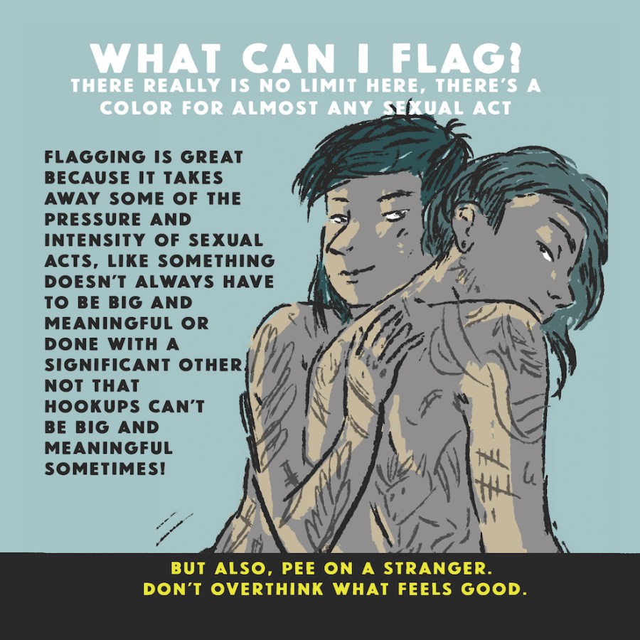 What can I flag? There really is no limit here, there's a color for almost every sexual act. Flagging is great because it takes away some of the pressure and intensity of sexual acts, like something doesn't always have to be big or meaningful or done with a significant other. Not that hookups can't be big and meaningful sometimes! (But also, pee on a stranger. Don't overthink what feels good.)