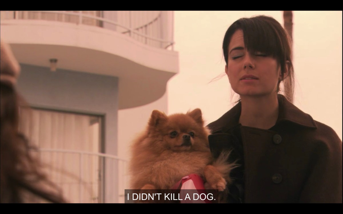 Jenny in a black coat is holding a tan Pomeranian dog in her arms. She says, "I didn't kill a dog."