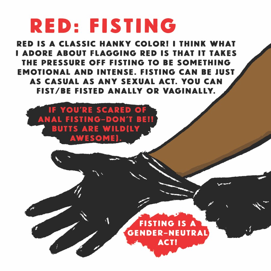 Red: Fisting — Red is a classic hanky color! I think what I adore about flagging red is that it takes the pressure off fisting to be something emotional and intense. Fisting can be just as casual as any sexual act. You can fist/be fisted anally or vaginally. If you're scared of anal fisting - don't be! Butts are wild(ly awesome). Fisting is a gender-neutral act!