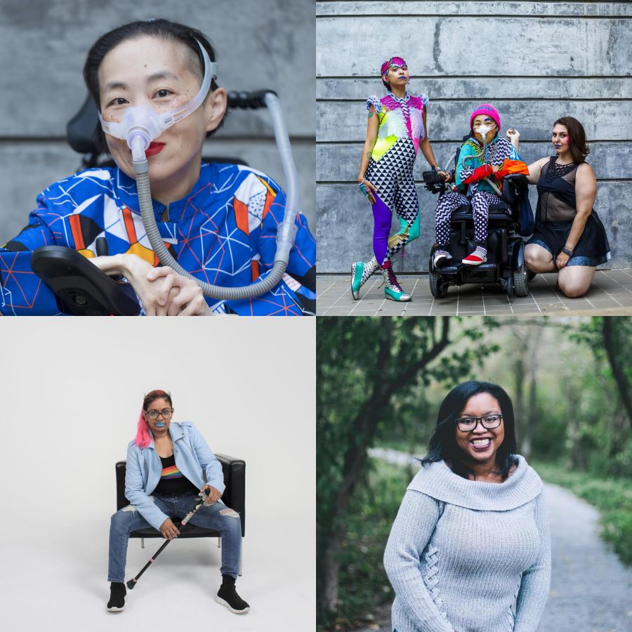 Four photos arranged in a square. At top left, Alice Wong, an Asian American woman, in a power chair. She is wearing a blue shirt with a geometric pattern with orange, black, white, and yellow lines and cubes. She is wearing a mask over her nose attached to a gray tube and bright red lip color. She is smiling at the camera. At top right, Sky Cubacub stands next to Alice Wong and Nina Litoff wearing a brightly colored, patterned jumpsuit. They are posing triumphantly. At bottom right, Keah Brown, a Black woman, stands outdoors on a garden path, smiling at the camera. She is wearing glasses and a gray sweater with a cowl neck. At bottom right, Mari Ramsawakh, brown person with long pink hair poses on a black chair with their cane. They are wearing bright blue lipstick, a light blue leather jacket, a black shirt with a rainbow on it, distressed jeans, and black laceless sneakers. 