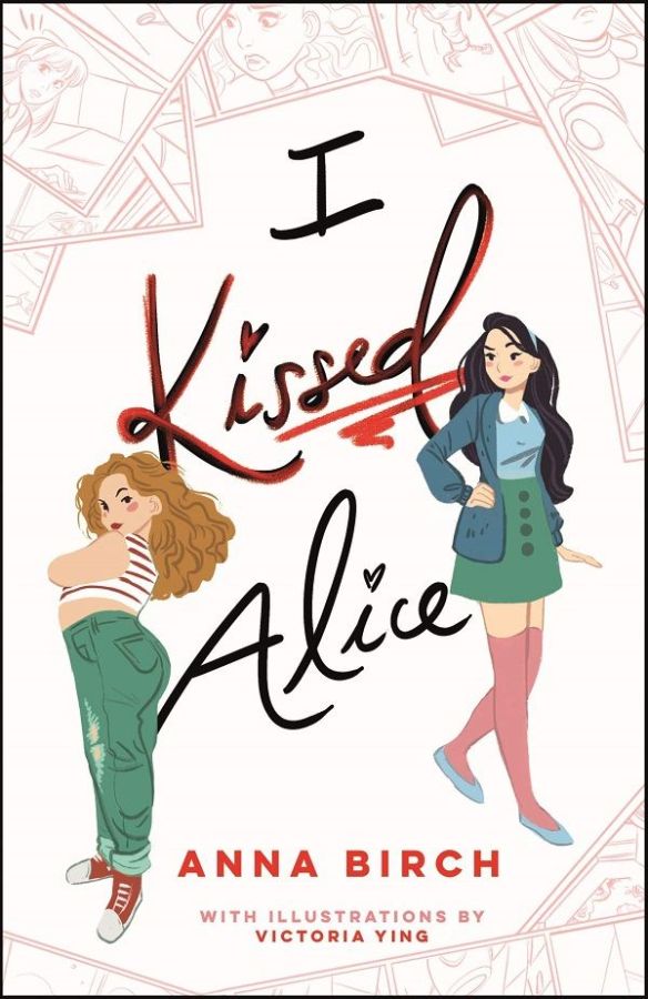 The "I Kissed Alice" cover has small hearts that dot all the I's and two girls, one in a stripped crop top and curly blonde hair, another in a green skirt and pink knee socks with long straight brown hair.