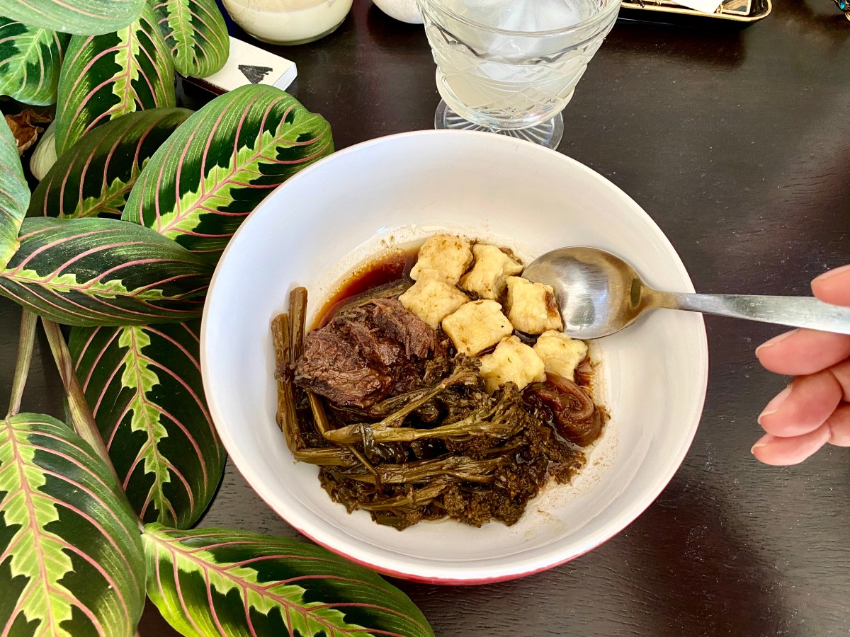 An overhead shot of a bowl of a very brown and soft-looking braised beef and broccolini, with a side of preserved lemon gnocchi getting spooned up by a hungry hand.