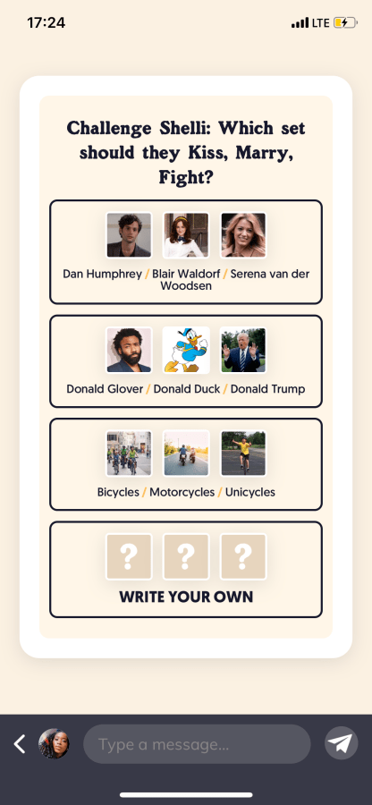 A screenshot of an iPhone "marry, fuck, kill" game embedded in a dating app. It asks Shelli to choose between Dan Humphrey/Blair Waldorf/Serena van der Woodsen; Donald Glover/Donald Duck/Donald Trump; or Bicycles/Motorcycles/Unicycles