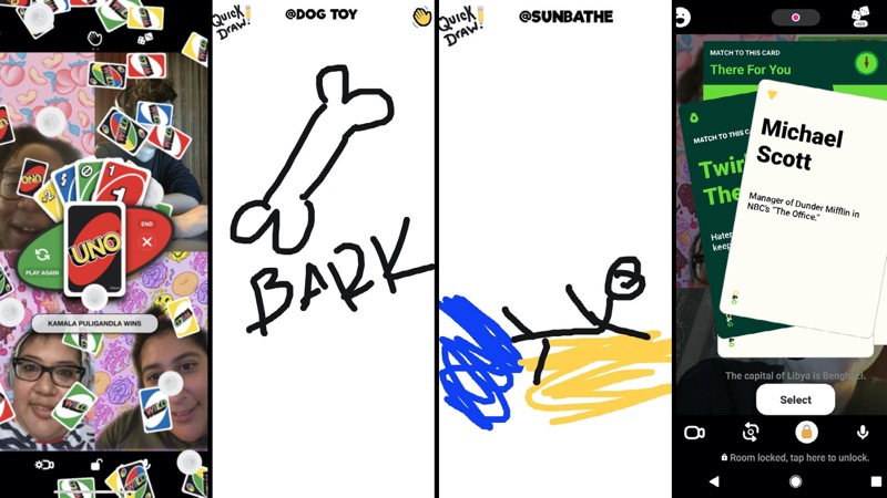 A collage of four images from the "House Party" app — in the first, the team plays Uno together. The second is a silly hand drawing of a bone with the word "BARK!" beneath (it's supposed to be a dog toy), and then a stick figure sunbathing. Finally, the team plays a version of Apples-to-Apples/Cards Against Humanity on the app.