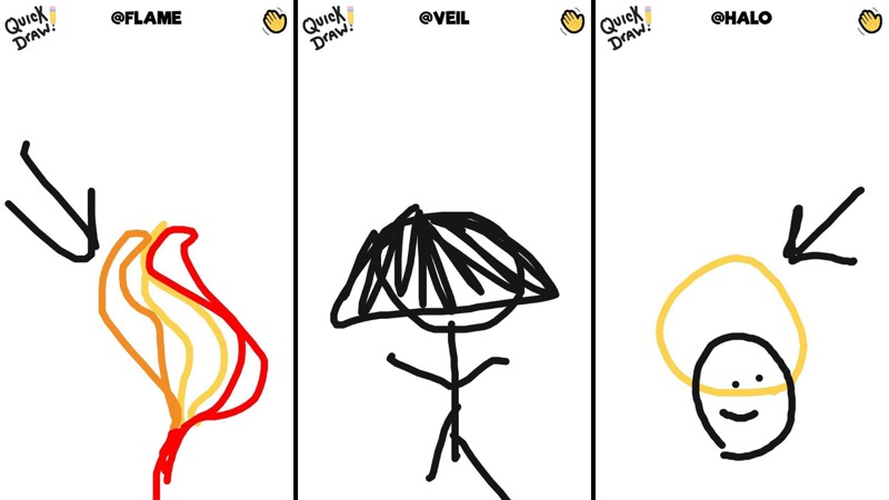 A collage of three silly hand drawings: One of a flame, then a person with a lampshade on their head (it's supposed to be a "veil"), and lastly a person with a halo.