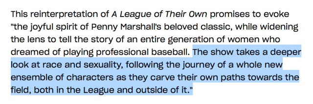 A highlighted paragraph from the article describing Amazon's new television show, a reboot of A League of Their Own, which reads: "The show takes a deeper look at race and sexuality."