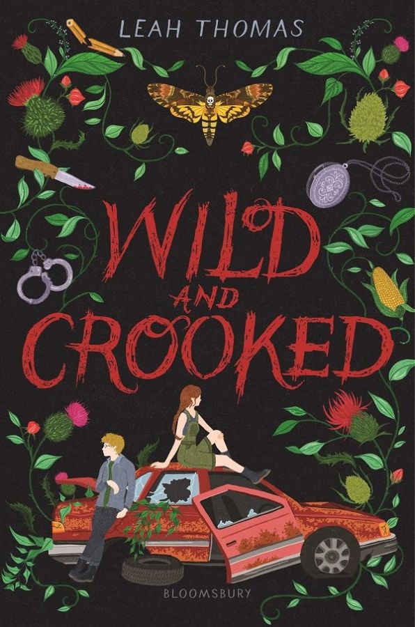 The Wild and Crooked cover art is dark, with a black background and blood red lettering. There are hand drawn images of leaves and flowers creeping from the sides and a broken down red car at the bottom. The car is topped by a queer girl in a green jumper and black boots.