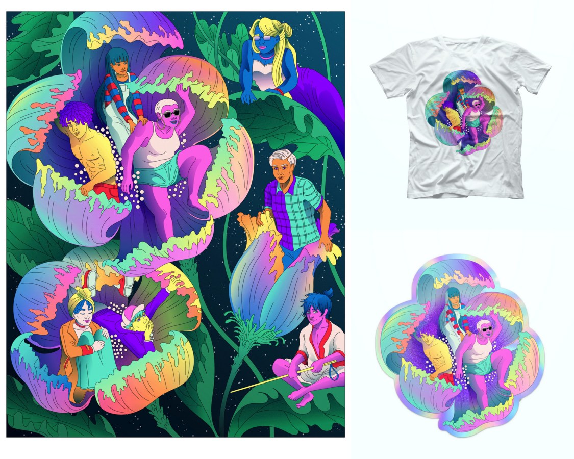 The Ari Liloan Collection has one art print, a short sleeved tee, and an iridescent die-cut sticker. The illustration shows queer people from various backgrounds and experiences emerging from opening blossoms against a night sky. The colors are bold and bright.