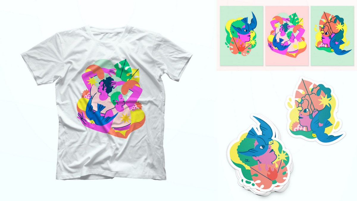 The Dia Pacheco Collection includes a white short-sleeved tee, three art prints, and two die-cut stickers. The illustrations show two queer humans surrounded by large leaves, fruit, and birds. These are colorful in a soft kind of way.