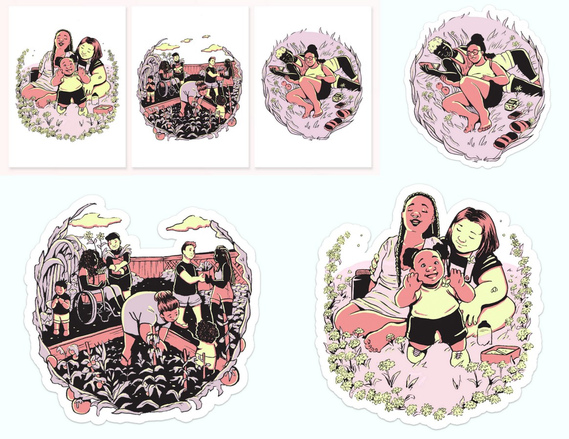 The Emma Rust Collection includes die-cut stickers and 5" x 7" art prints. The illustration shows us three depictions of queer chosen family, including a gardening co-op, a family with a small child, and two people enjoying each other's company. The colors are muted and feel like late summer nights.