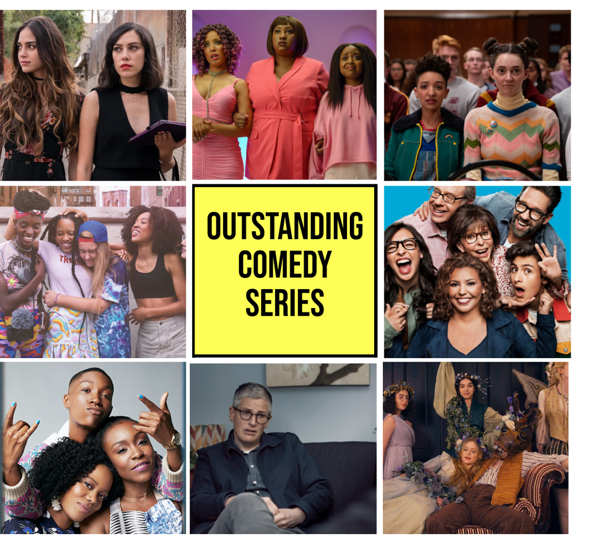 Top Row: Vida (Starz), A Black Lady Sketch Show (HBO), Sex Education (Netflix)
Middle Row: Betty (HBO), "Best Comedy Series" block, One Day at a Time  (Pop TV)
Bottom Row: Twenties (BET), Work in Progress (Showtime), Dickinson (Apple+ TV)
