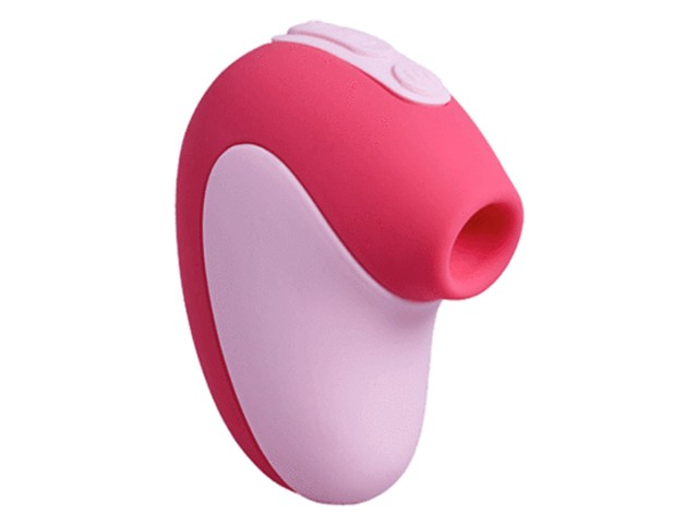 A two-toned pink vibrator with a curved suction tip and two buttons visible on the top of the toy