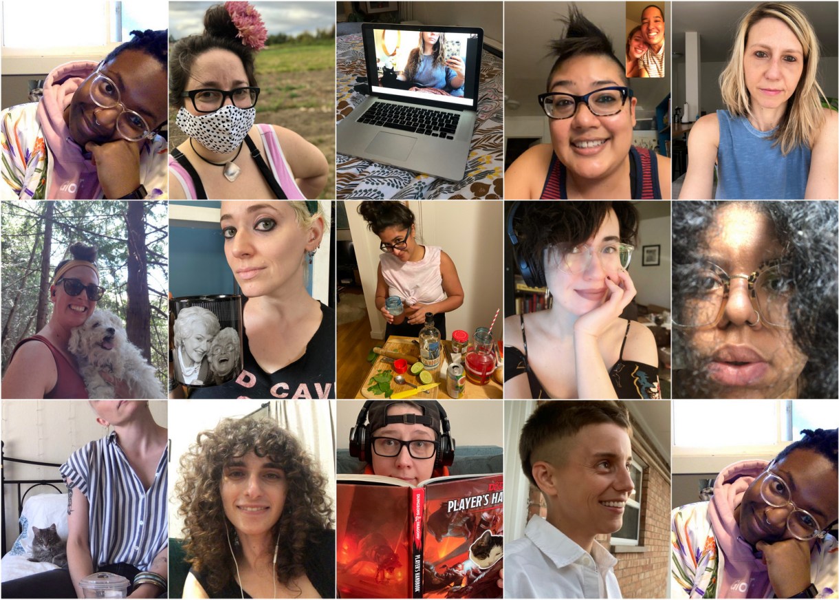 A 15-image collage of several team members doing things like reading, hanging out with pets, being hot, making drinks, and waiting for their therapist on Zoom! The collage begins and ends with a sweet photo of Ari, who's leaving Autostraddle this month.