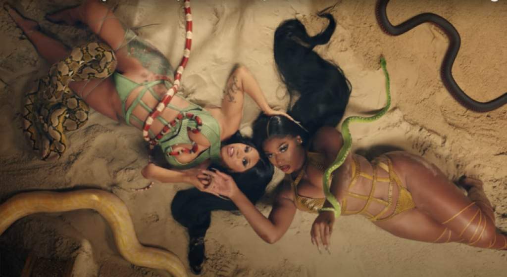 Cardi B and Megan thee Stallion lay down together in a snake pit while wearing small bathing suits. They caress each other's faces while the snakes climb on them.