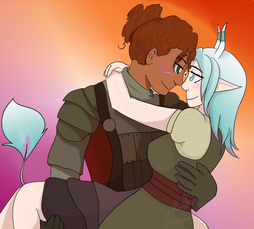 A digital illustration of a light-skinned creature with pointed ears, light blue hair, and small pointy horns being cradled romantically by a figure with medium brown skin and brown curly hair wearing plated armor.