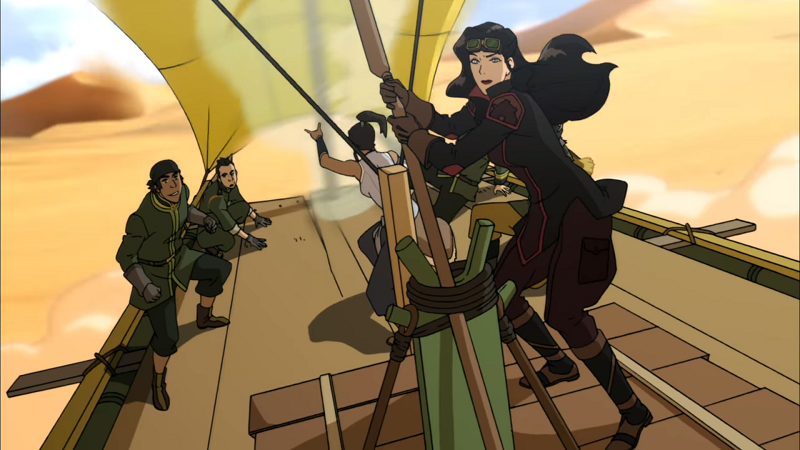 Together, Korra and Asami are leading a make-shift sand-sailer through the desert. Asami steers and Korra airbends in the background.