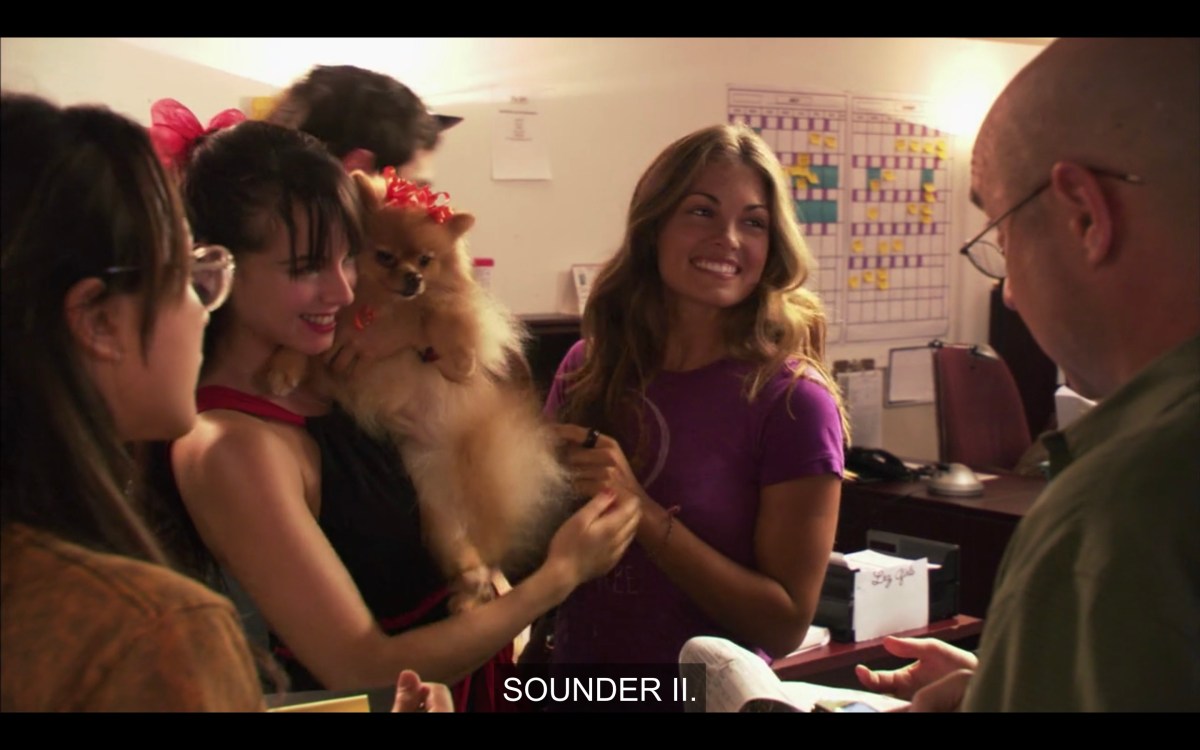 Jenny and Niki presenting Sounder II to Aaron and Tina, suggesting the dog should be in the film