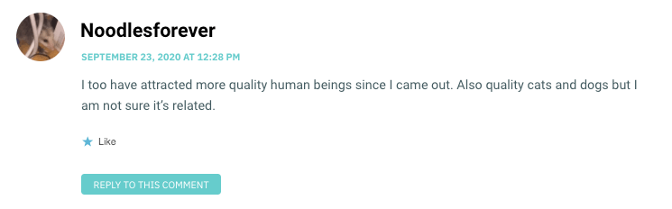 I too have attracted more quality human beings since I came out. Also quality cats and dogs but I am not sure it’s related.