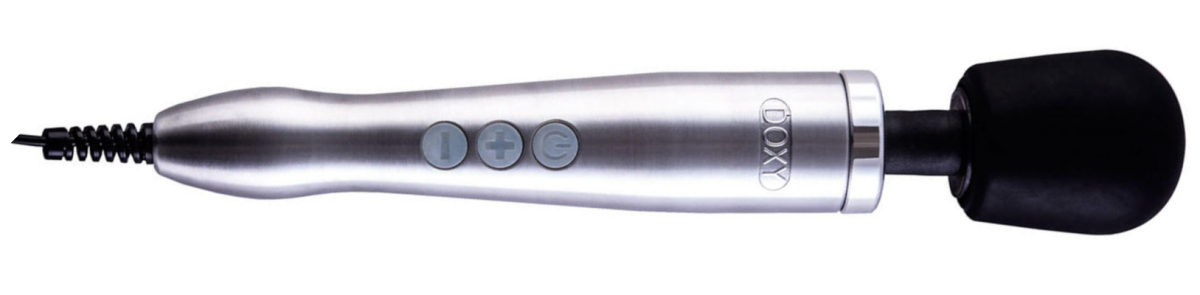 wand vibrator with silver metal handle and black silicone head