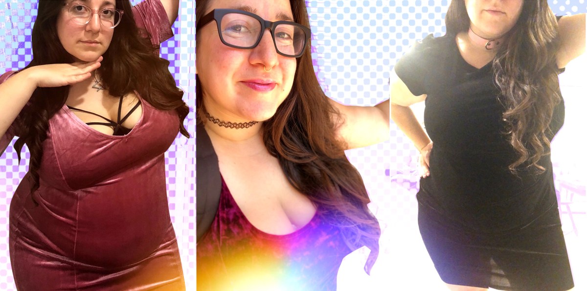 A collage of 3 photos of Vanessa, a fat white woman with long dark hair; in the far left she's wearing a tight dark pink velvet dress with a black cage bra visible; in the center closeup selfie she's wearing a low-cut red crushed velvet dress, and in the far right is wearing a short-sleeved black velvet dress with a sheer skirt.