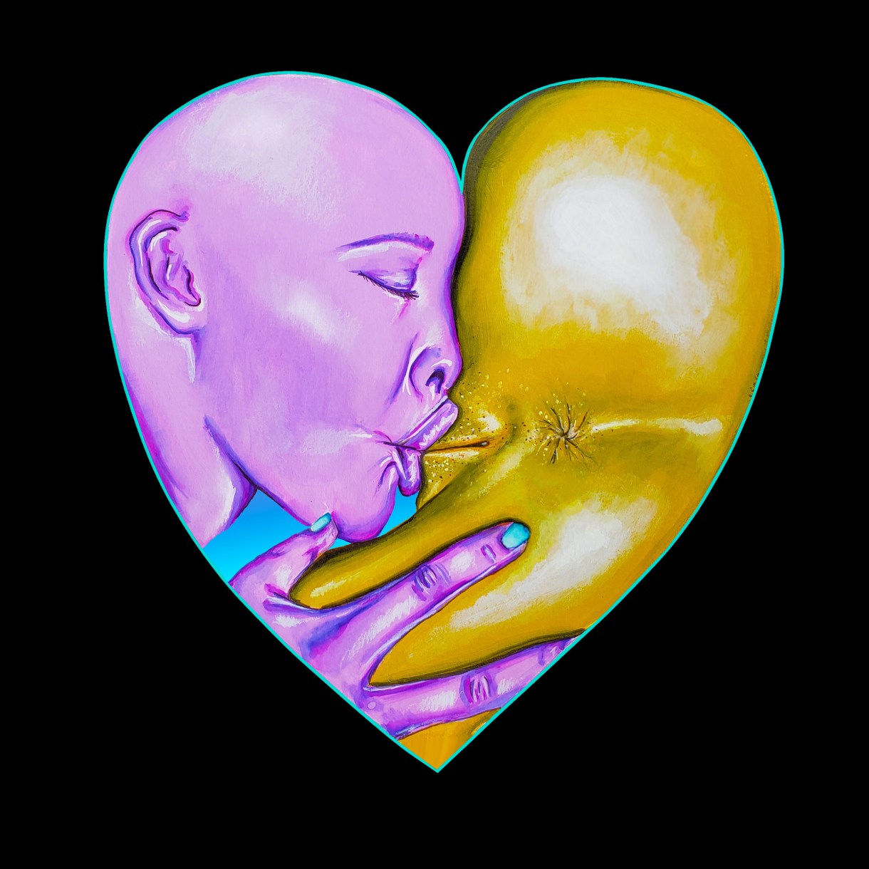 inside of a heart shaped graphic, on the left, a purple face sucks on the fat lips of a golden cunt on the right. a star of butthole winks on the right hand side, beneath a shelf of exposed ass. 