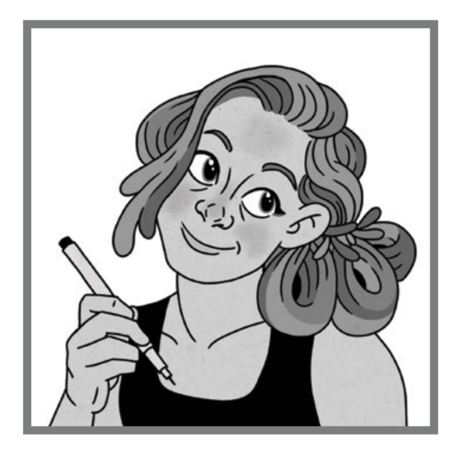 A portrait of the author, with curly hair tied up behind her head and a smile, holding a pen