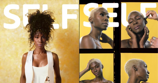 Angelica Ross on the cover of Self Magazine. She's against a gold background, in various hairstyles.