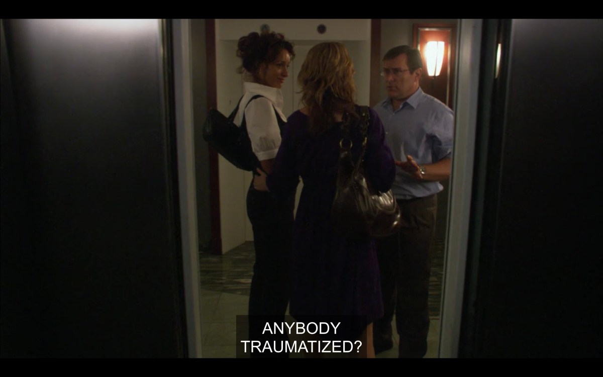 Dan Foxworthy greeting Bette and Tina on the other side of the elevator, saying "anybody traumatized?"