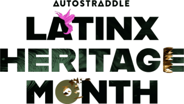 Autostraddle Latinx Heritage Month Header. Letterforms are adorned by a small pink daffodil, a sideways gold shard crown and a shattered gold shards.