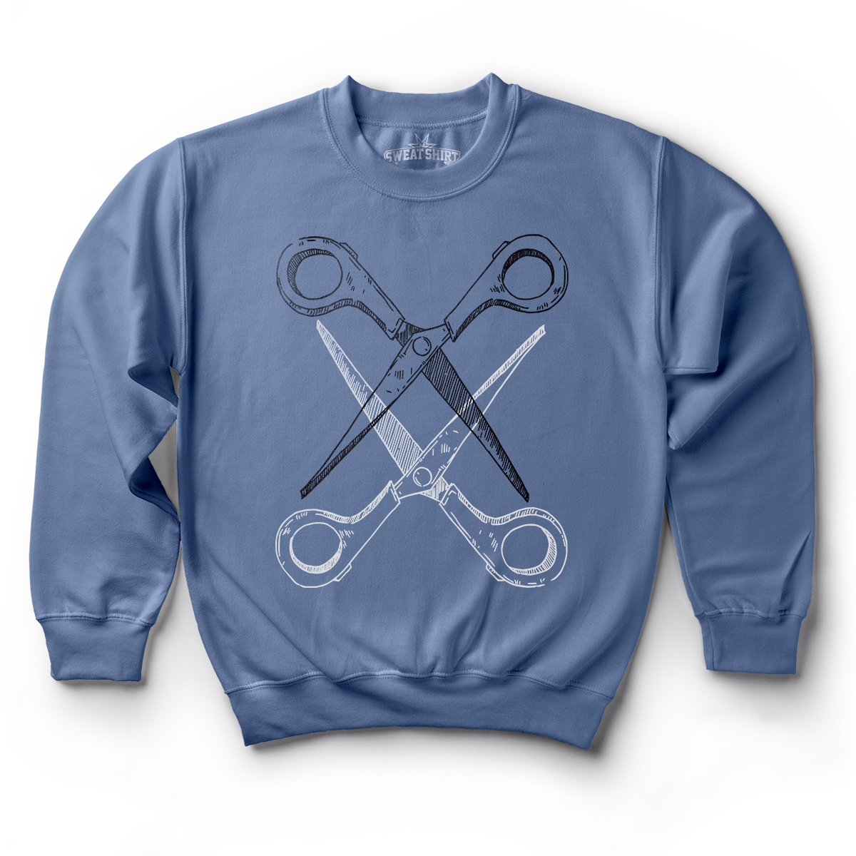 Blue sweatshirt with black and white scissoring graphic by Rory Midhani