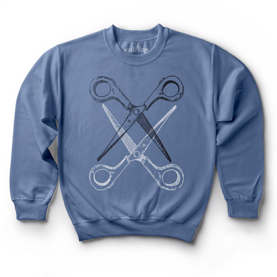 Blue sweatshirt with black and white scissoring graphic by Rory Midhani