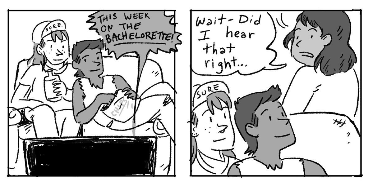 In a two panel, hand drawn, black-and-white comic, two queer pals sit on the couch to watch