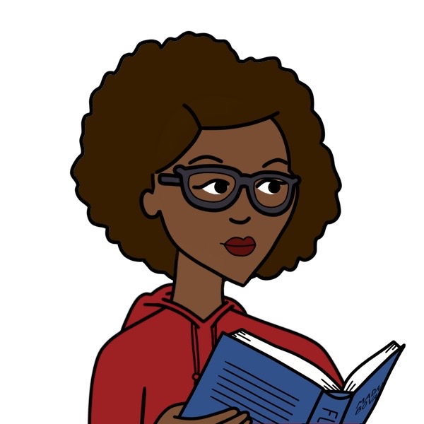 A Daria-style photo of Carmen Phillips as an Avatar. She has brown skin and a large dark brown afro and glasses. She is wearing a red hoodie, with lipstick to match, and reading a book.