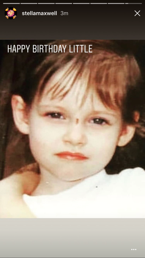 An Instagram story posted by Stella Maxwell. The image is of Kristen Stewart as a small child with the caption "HAPPY BIRTHDAY LITTLE"