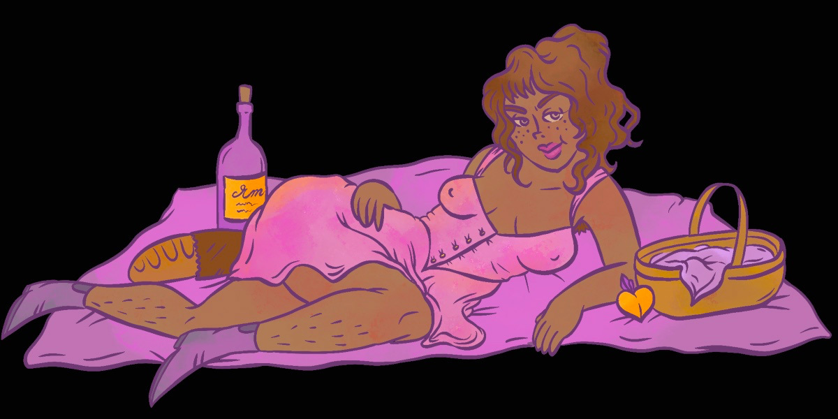 a woman in a pink sun dress lies suggestively on her side on a picnic blanket with an arm on her hip. she's sharing the blanket with a bottle of wine, a loaf of bread, a picnic basket and a peach.