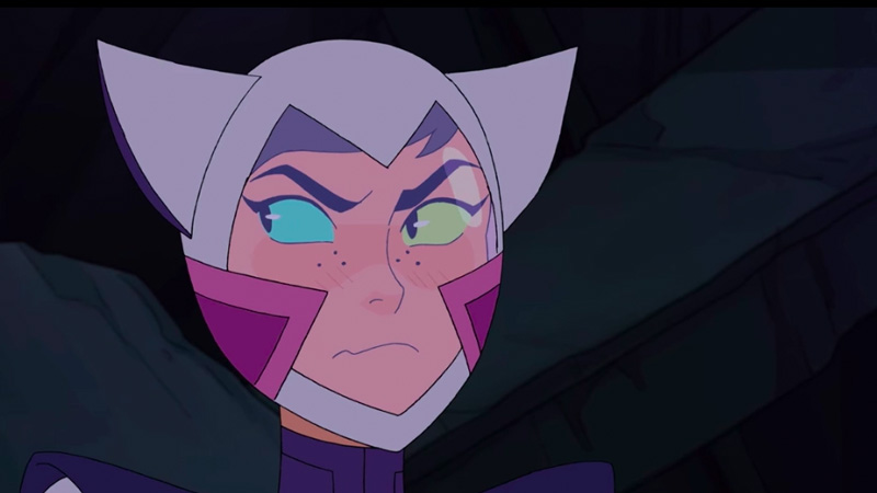 Catra wears a spacesuit with cat ears and looks grumpy